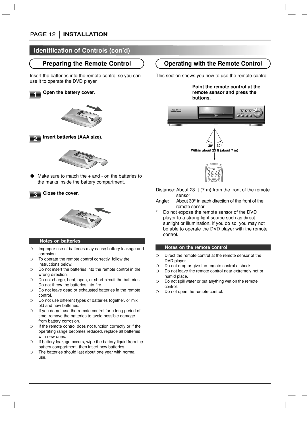 Zenith DVD-2220 Preparing the Remote Control, Operating with the Remote Control, Open the battery cover, Close the cover 