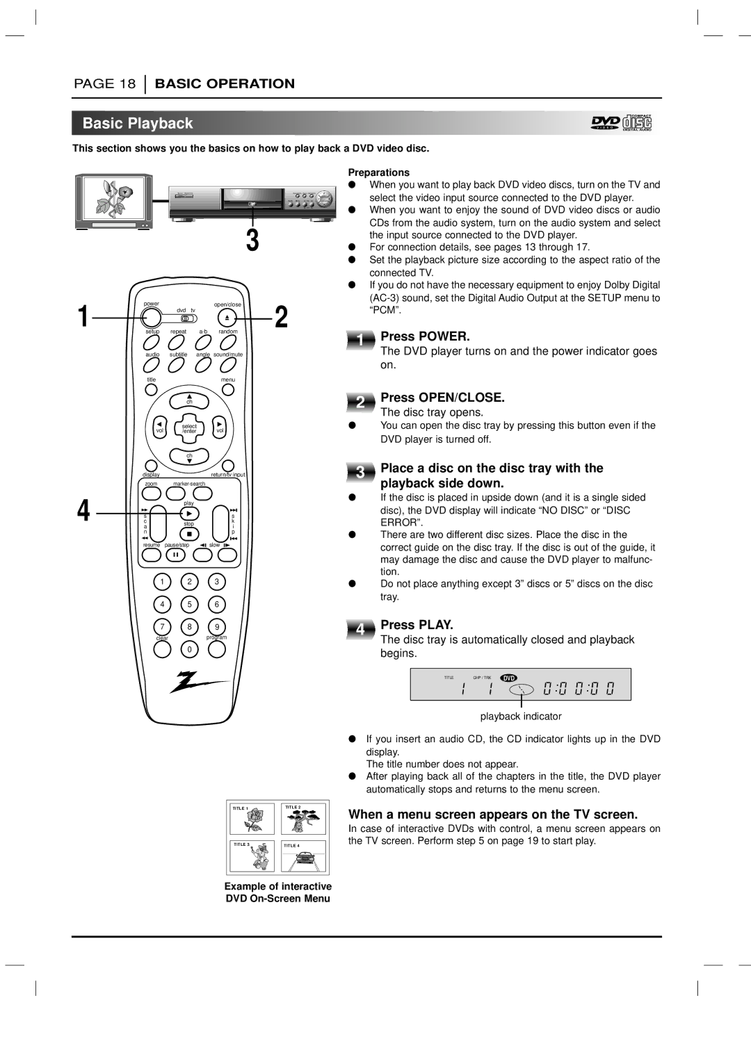 Zenith DVD-2220 warranty Basic Playback 