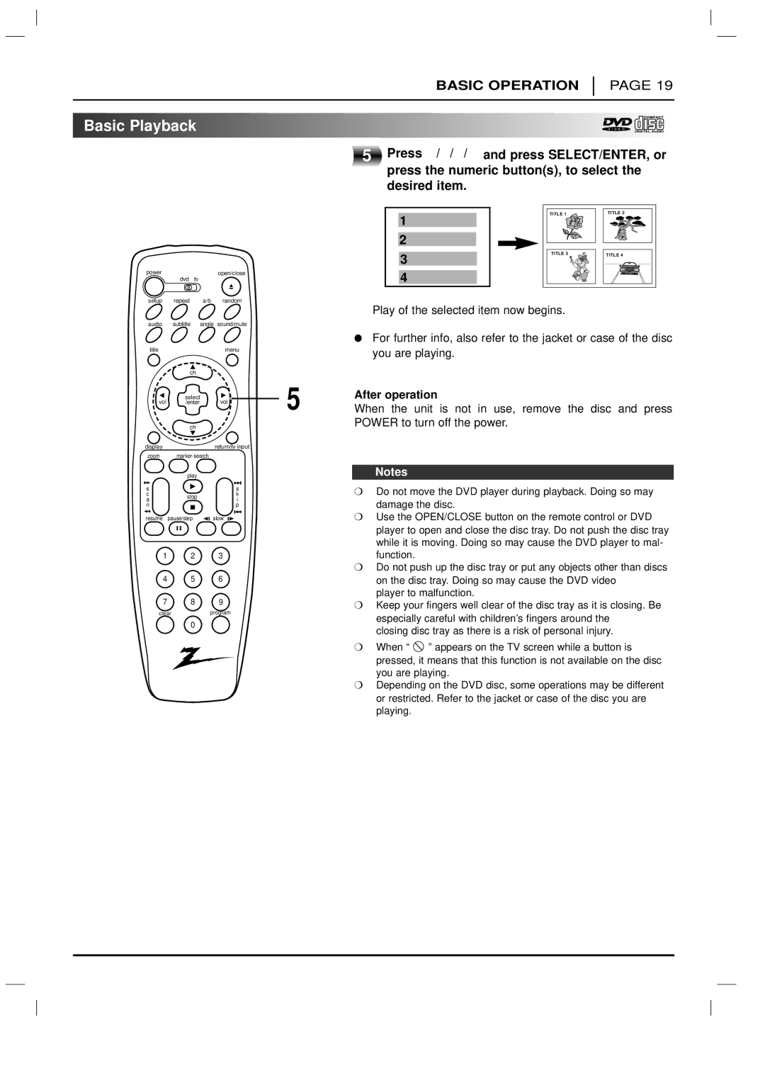 Zenith DVD-2220 warranty Play of the selected item now begins, After operation, Power to turn off the power 