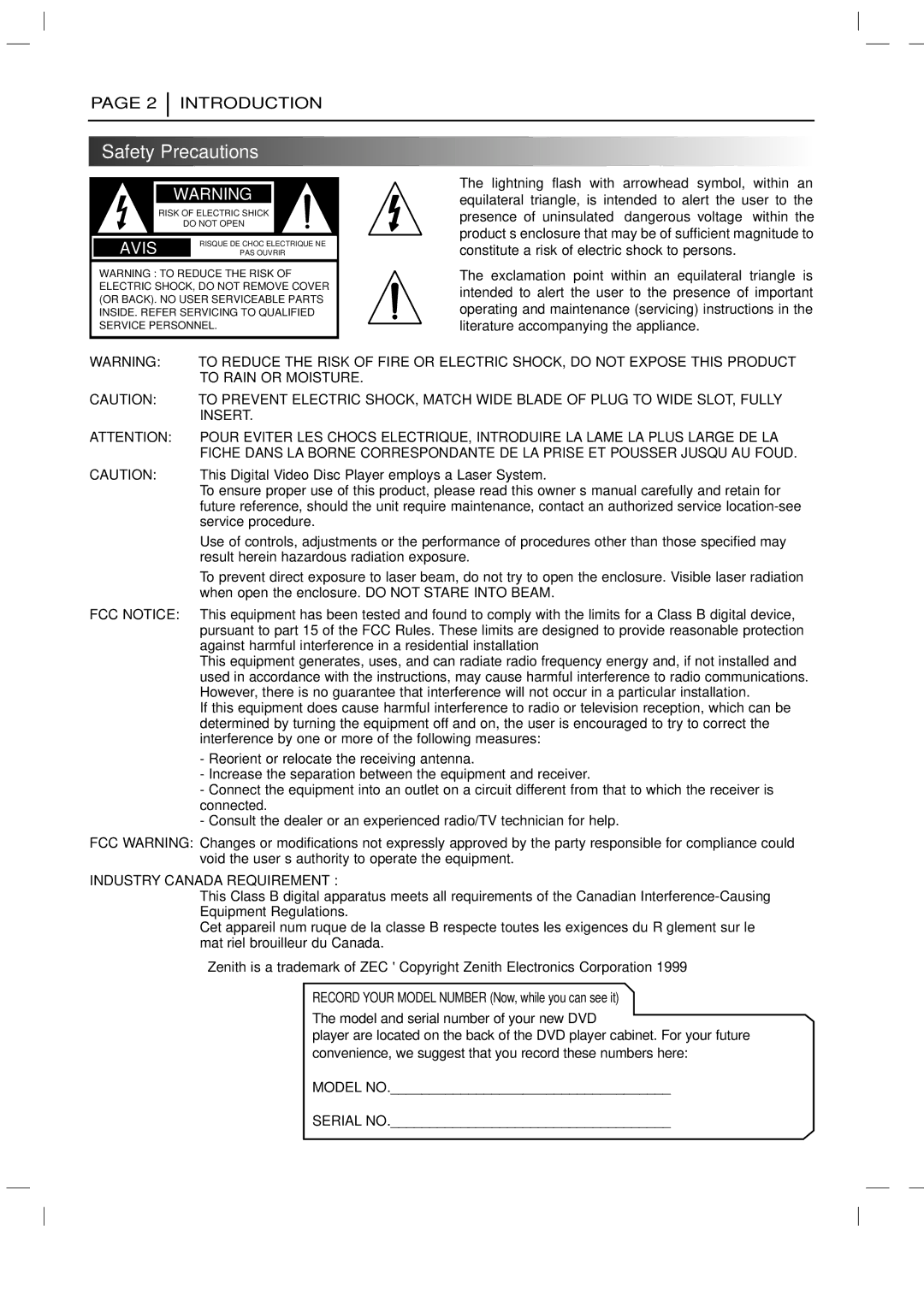 Zenith DVD-2220 warranty Safety Precautions, To Rain or Moisture, Insert, FCC Notice, Industry Canada Requirement 