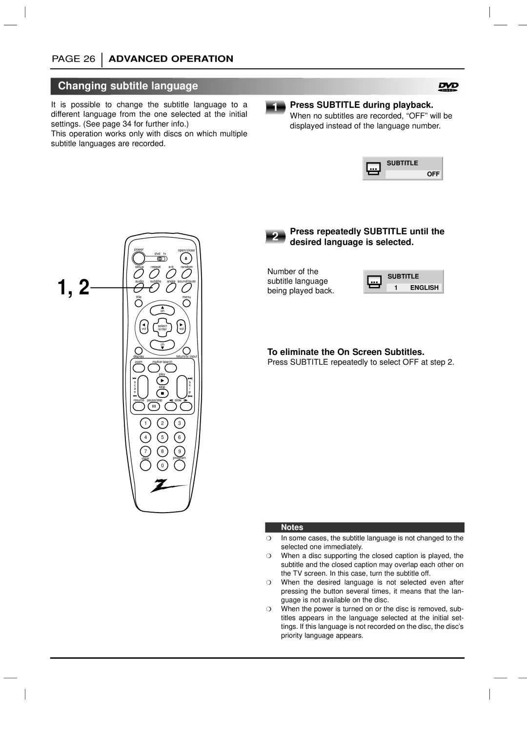 Zenith DVD-2220 warranty Changing subtitle language, Press Subtitle during playback, Press repeatedly Subtitle until 