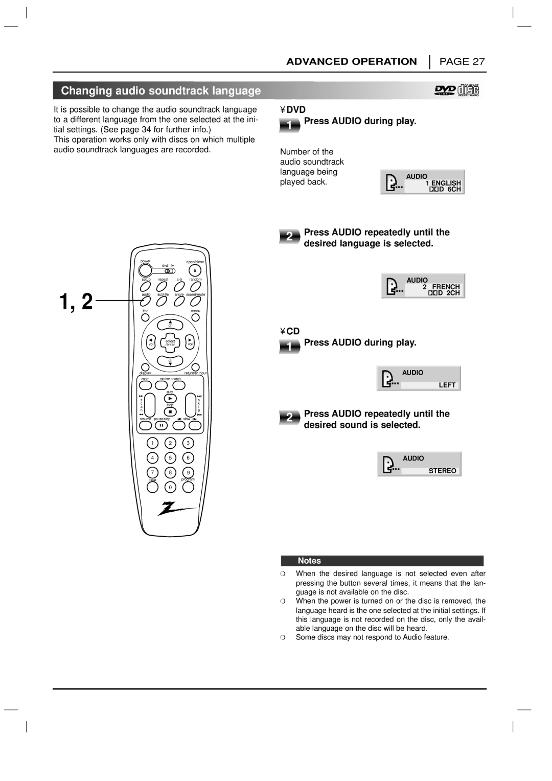 Zenith DVD-2220 warranty Changing audio soundtrack language, Press Audio during play, Press Audio repeatedly until 