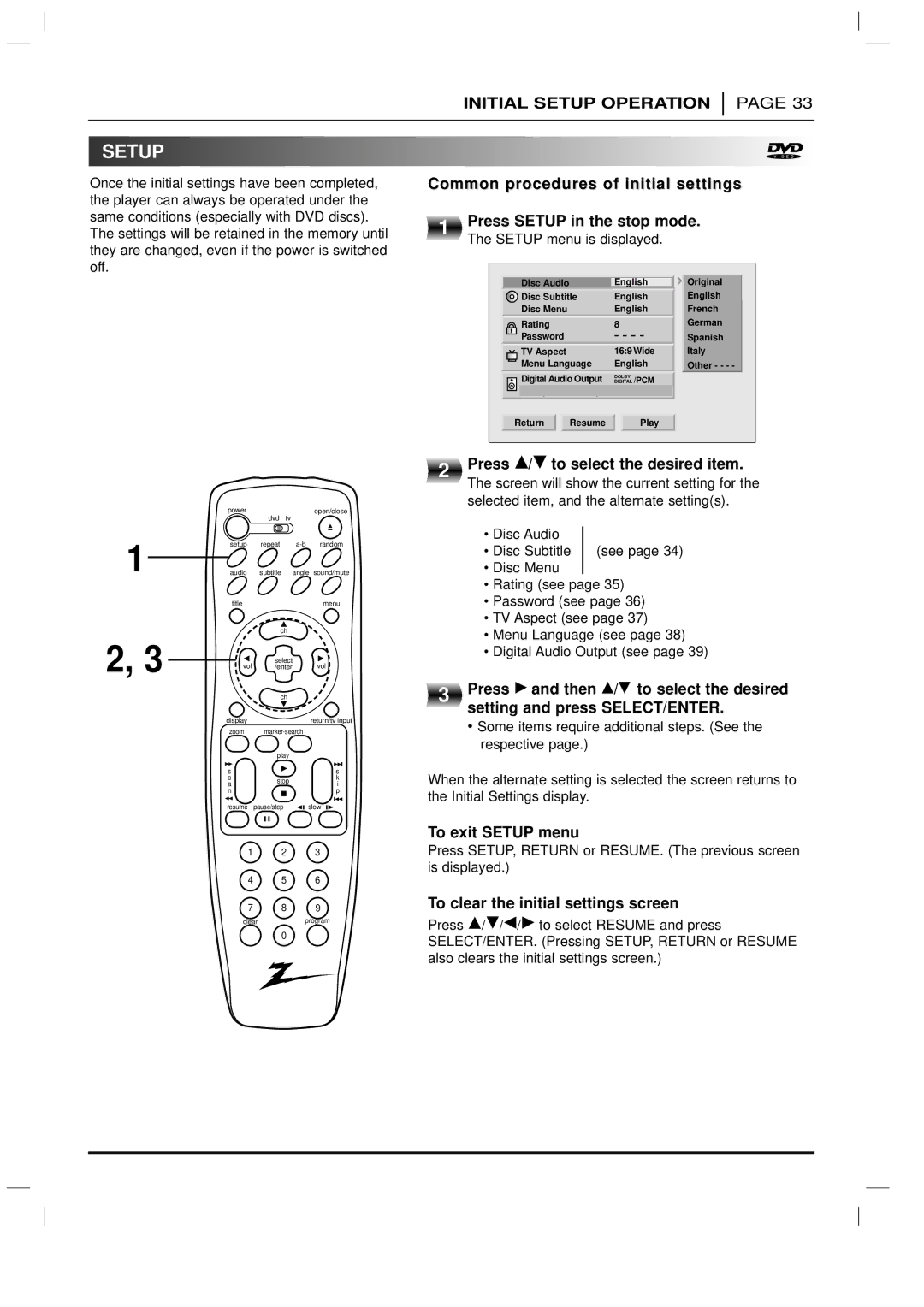 Zenith DVD-2220 warranty Setup 