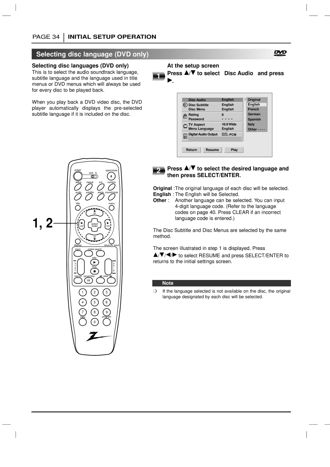 Zenith DVD-2220 warranty Selecting disc language DVD only, Selecting disc languages DVD only, At the setup screen 