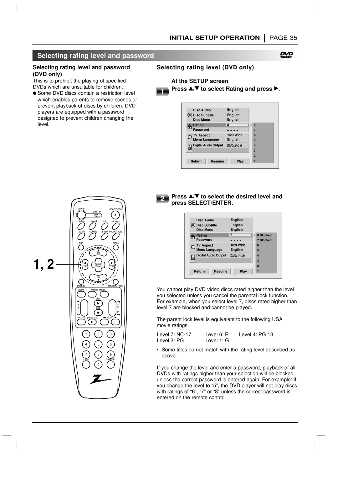 Zenith DVD-2220 warranty Selecting rating level and password DVD only 