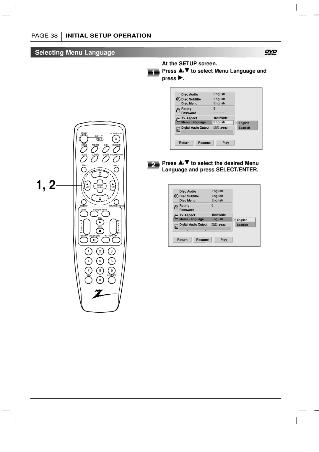 Zenith DVD-2220 warranty Selecting Menu Language 