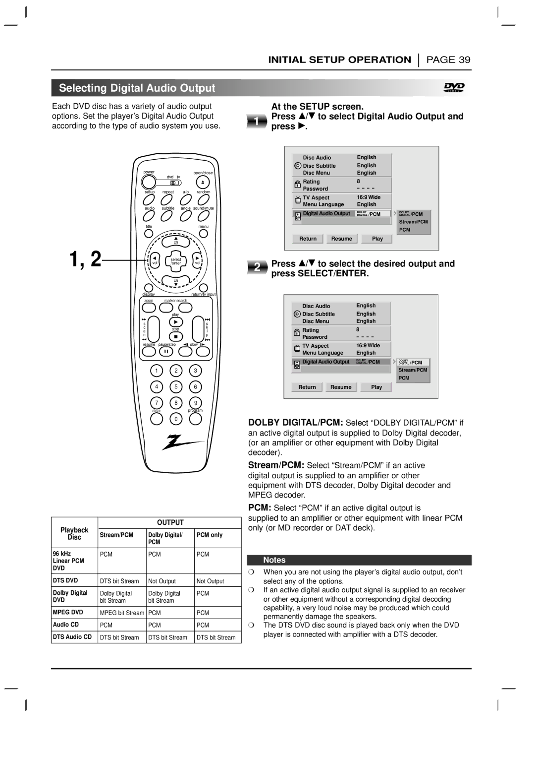 Zenith DVD-2220 warranty Selecting Digital Audio Output, Press D/ E to select Digital Audio Output, Press G 