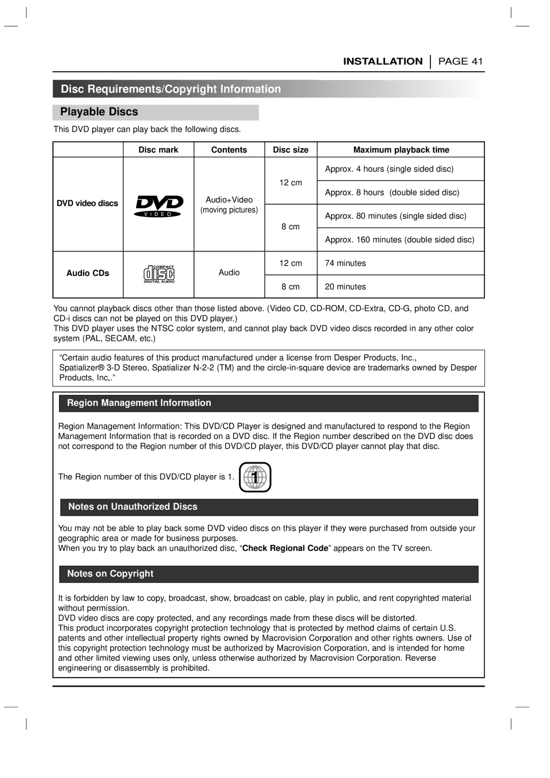 Zenith DVD-2220 warranty Disc Requirements/Copyright Information, Playable Discs, Audio CDs 