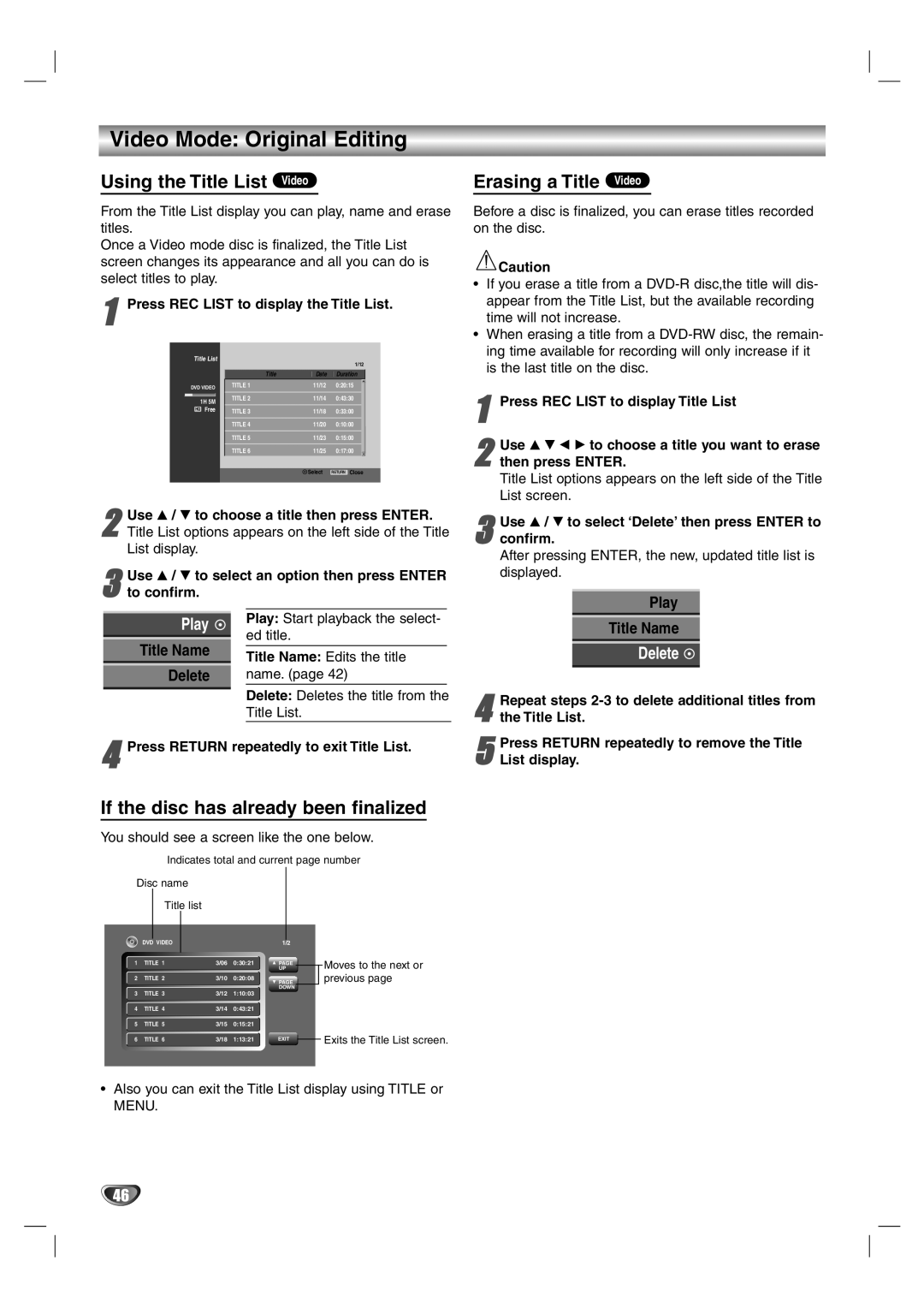 Zenith DVR313 warranty Video Mode Original Editing, Using the Title List Video, If the disc has already been finalized 