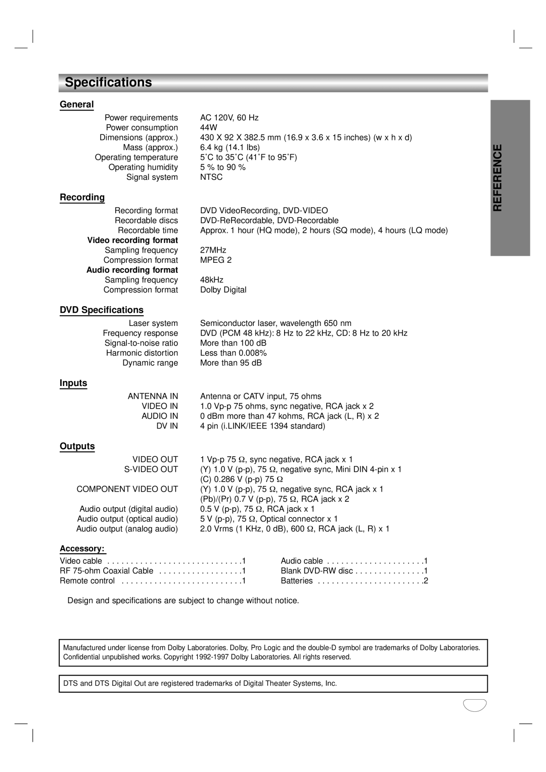 Zenith DVR313 warranty Specifications 