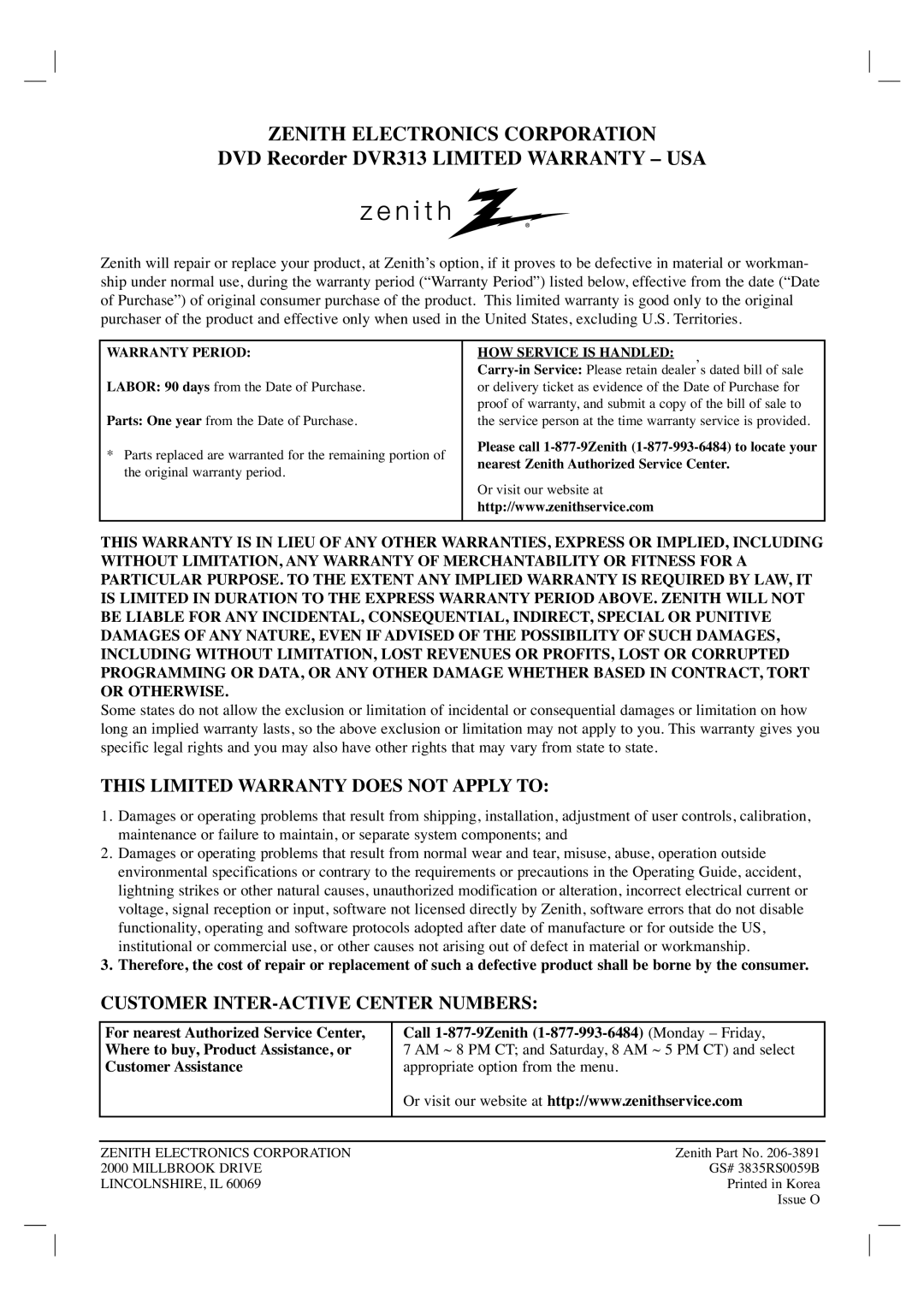 Zenith DVR313 warranty Zenith Electronics Corporation 