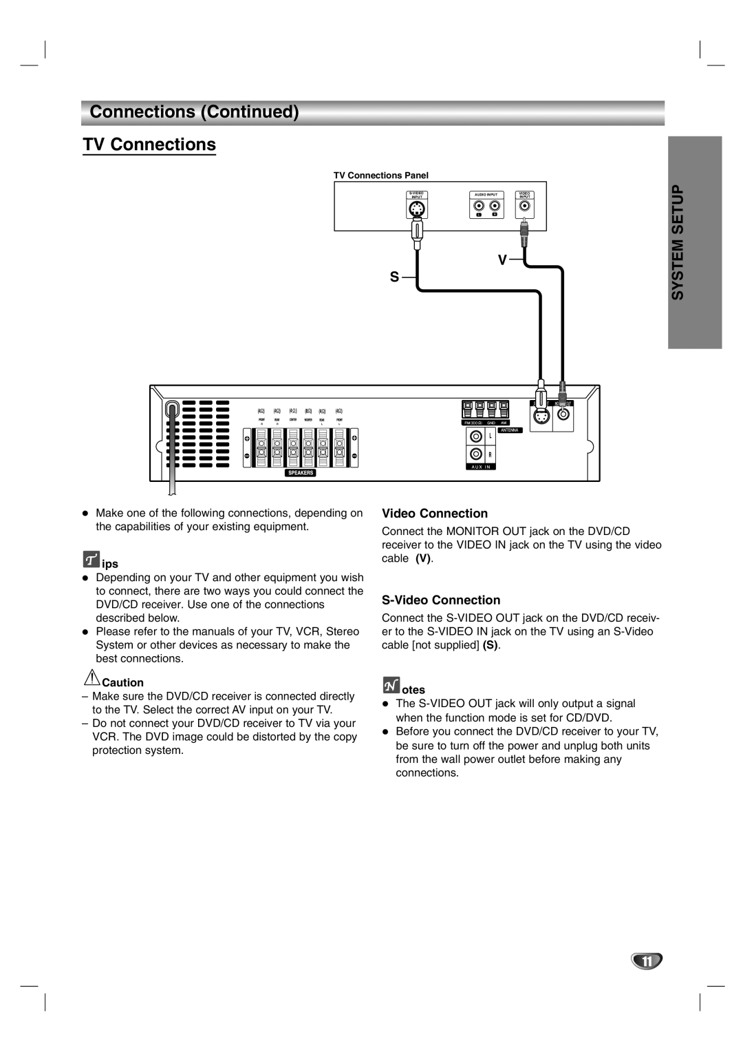 Zenith DVT312 warranty Connections Continued TV Connections, Setup, System, Video Connection, S-VideoConnection, otes 