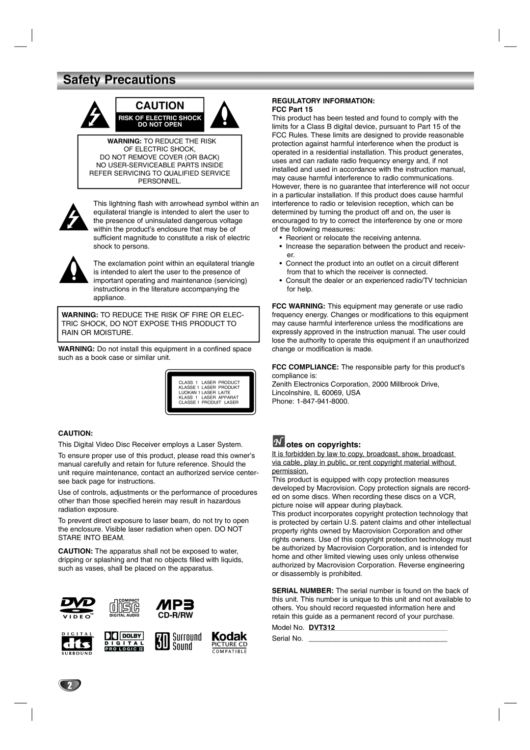 Zenith DVT312 warranty Safety Precautions, Cd-R/Rw, otes on copyrights, REGULATORY INFORMATION FCC Part 