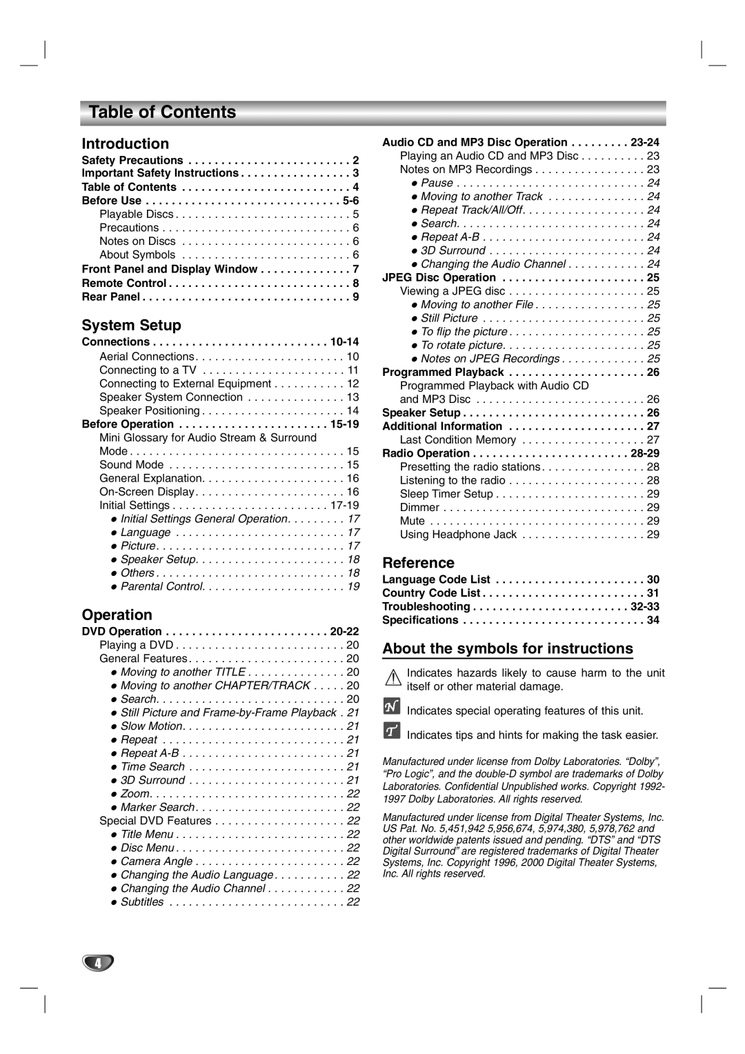 Zenith DVT312 Table of Contents, Introduction, System Setup, Operation, Reference, About the symbols for instructions 