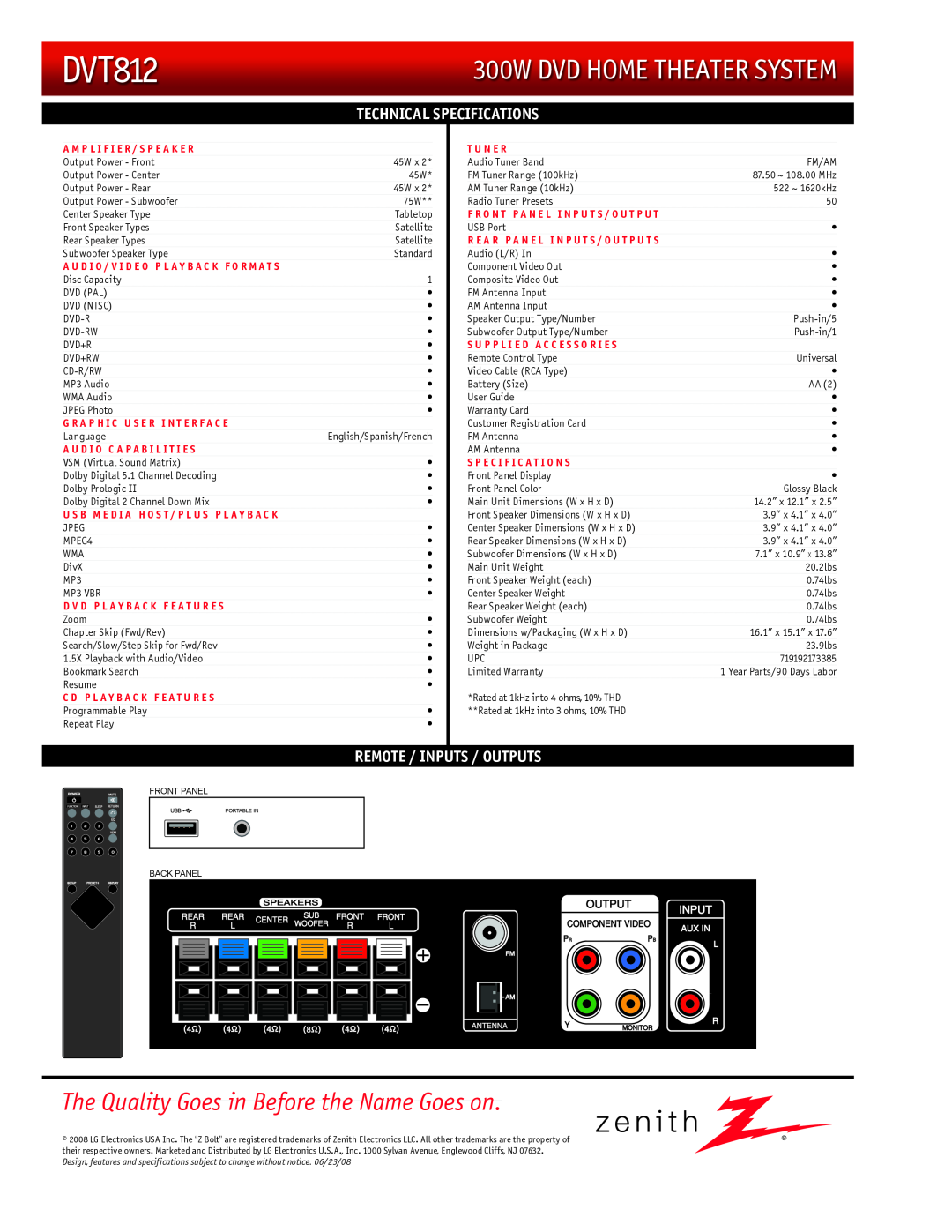 Zenith DVT812 manual Technical, Specifications, Remote / Inputs / Outputs, 300W DVD Home theater system 