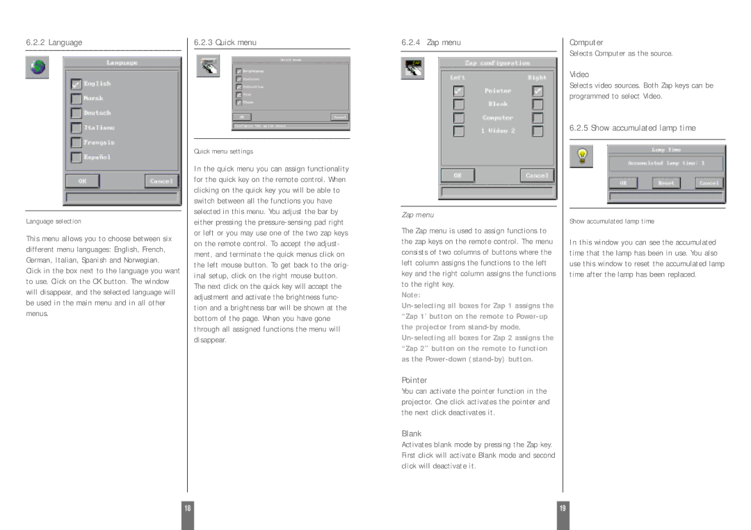 Zenith DXG-210 manual Language, Quick menu, Zap menu, Pointer, Blank, Computer, Video, Show accumulated lamp time 