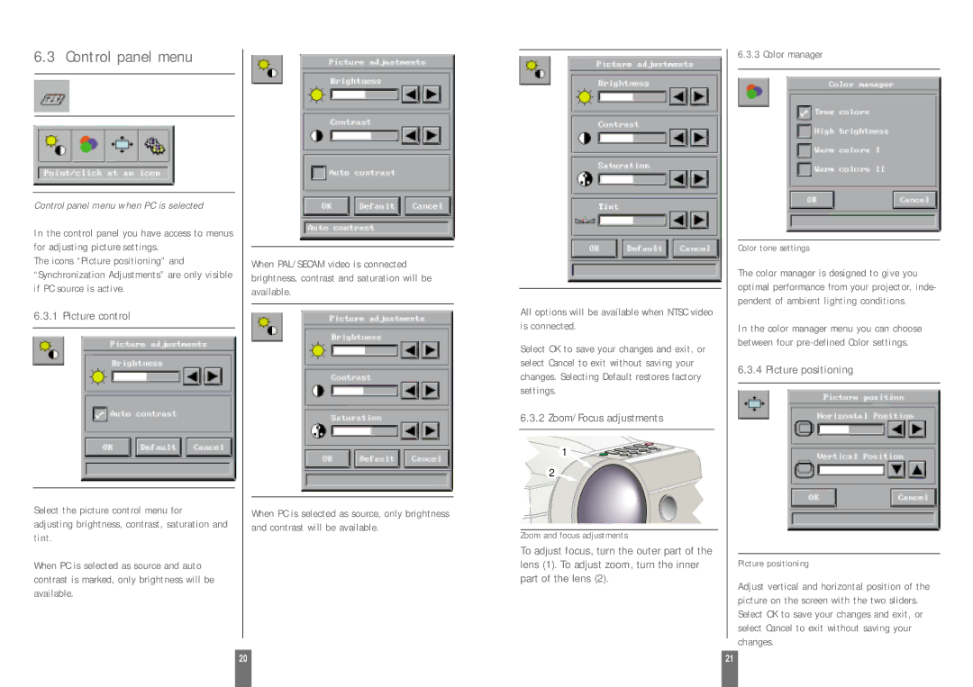 Zenith DXG-210 manual Control panel menu, Picture control, Zoom/Focus adjustments, Picture positioning 