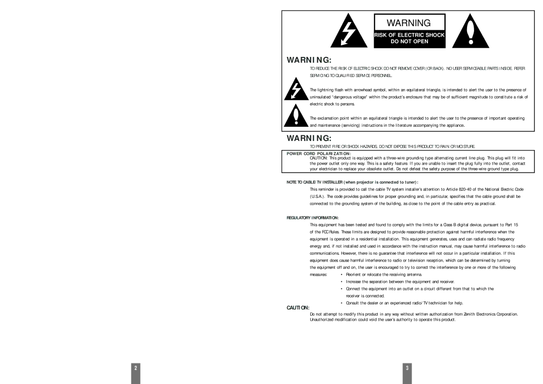 Zenith DXG-210 manual Risk of Electric Shock Do not Open 