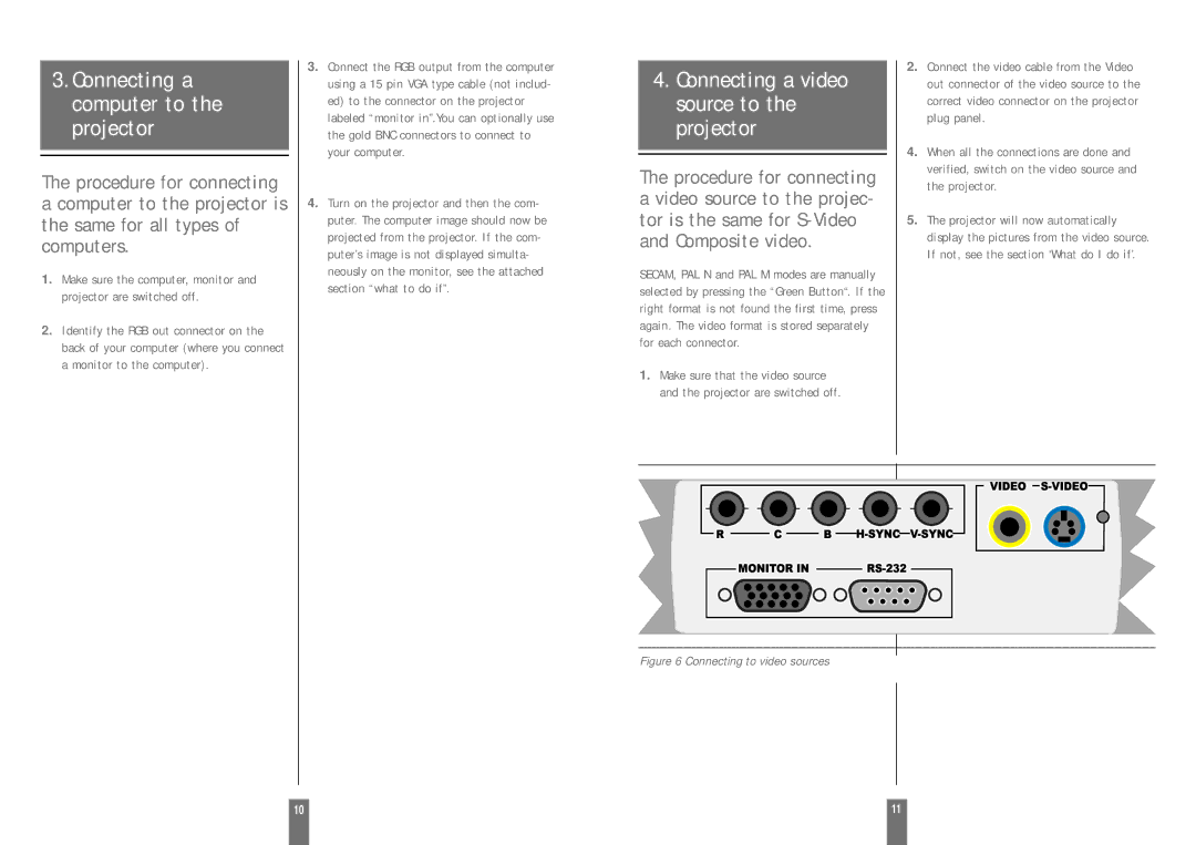 Zenith DXG-210 manual Connecting a computer to the projector, Connecting a video source to the projector 