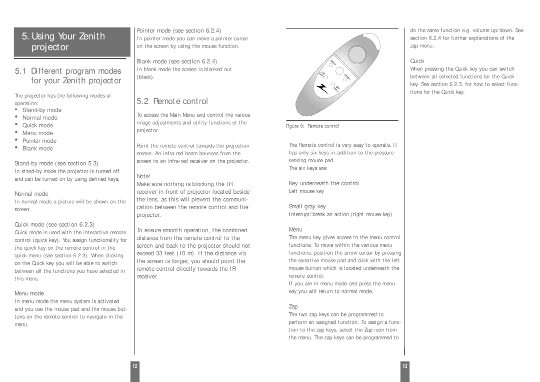 Zenith DXG-210 manual Using Your Zenith projector, Remote control 