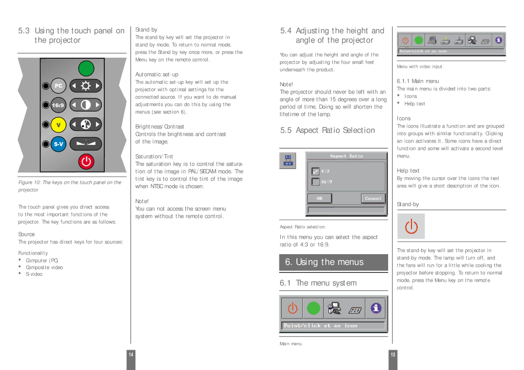 Zenith DXG-210 manual Using the menus, Using the touch panel on the projector, Aspect Ratio Selection, Menu system 