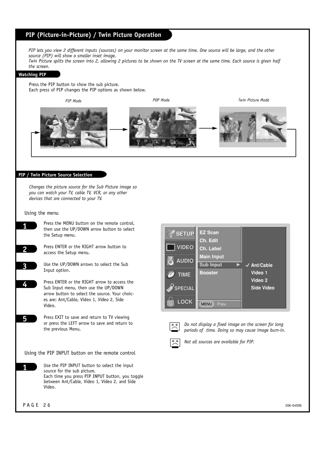 Zenith M52W56LCD, E44W48LCD warranty PIP Picture-in-Picture / Twin Picture Operation, EZ Scan Ch. Edit Ch. Label Main Input 