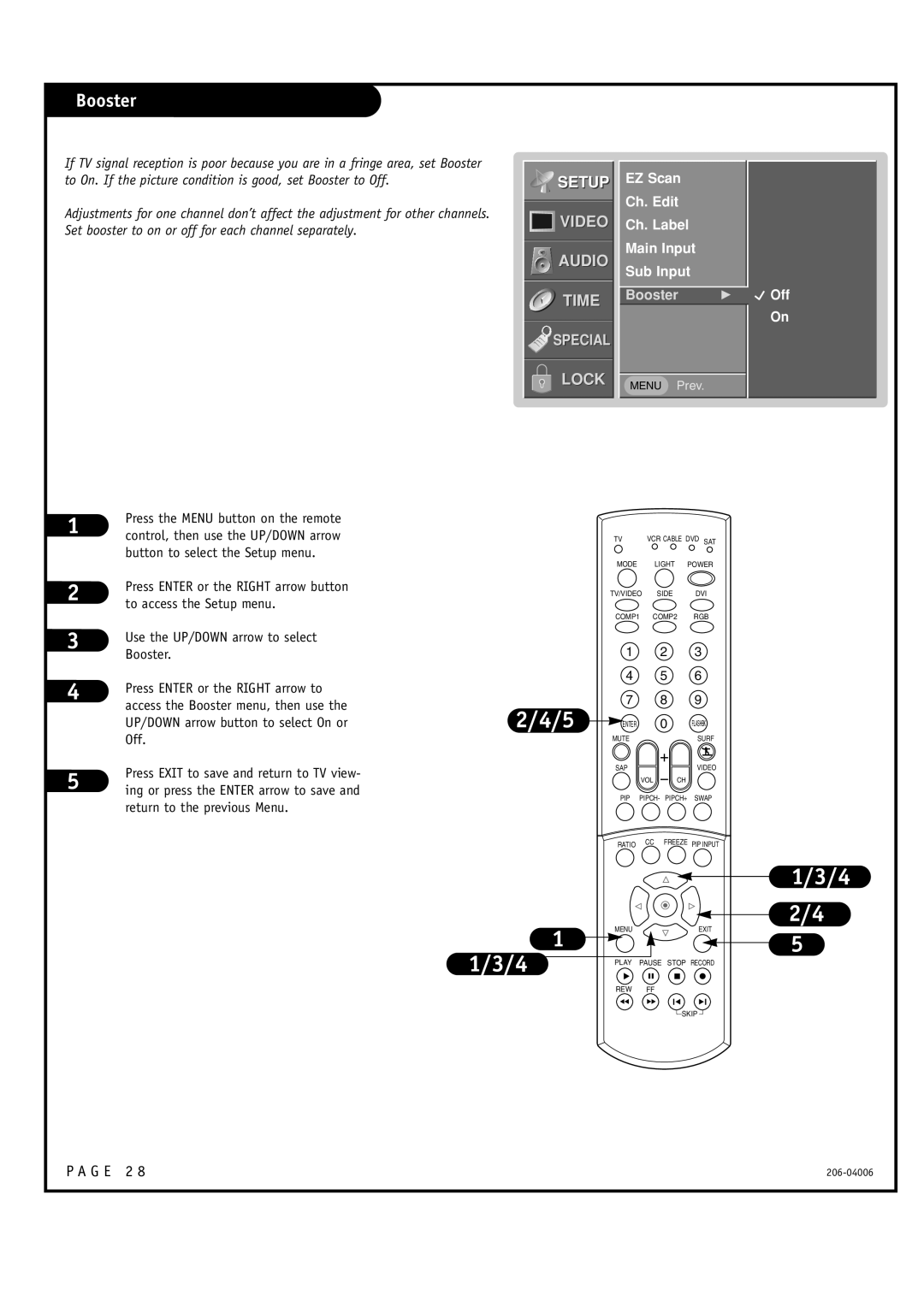 Zenith E44W46LCD, E44W48LCD, M52W56LCD warranty Booster, EZ Scan Ch. Edit Ch. Label Main Input Sub Input, Off 