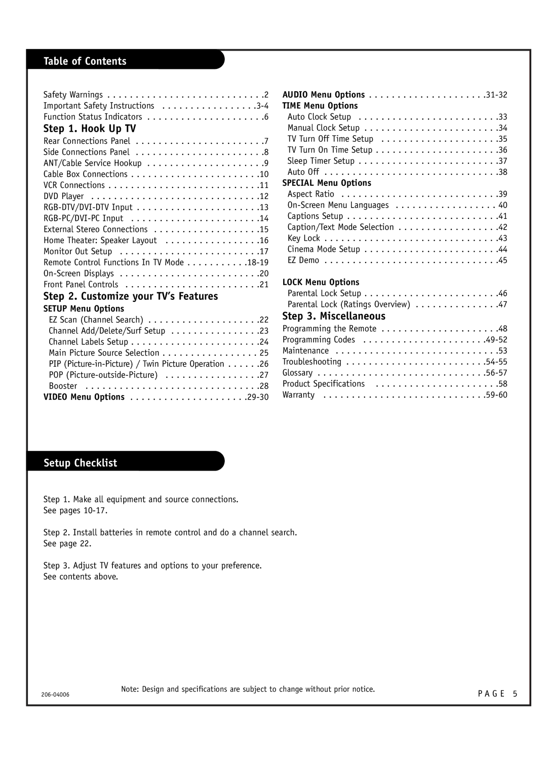 Zenith M52W56LCD, E44W48LCD, E44W46LCD warranty Table of Contents, Setup Checklist 