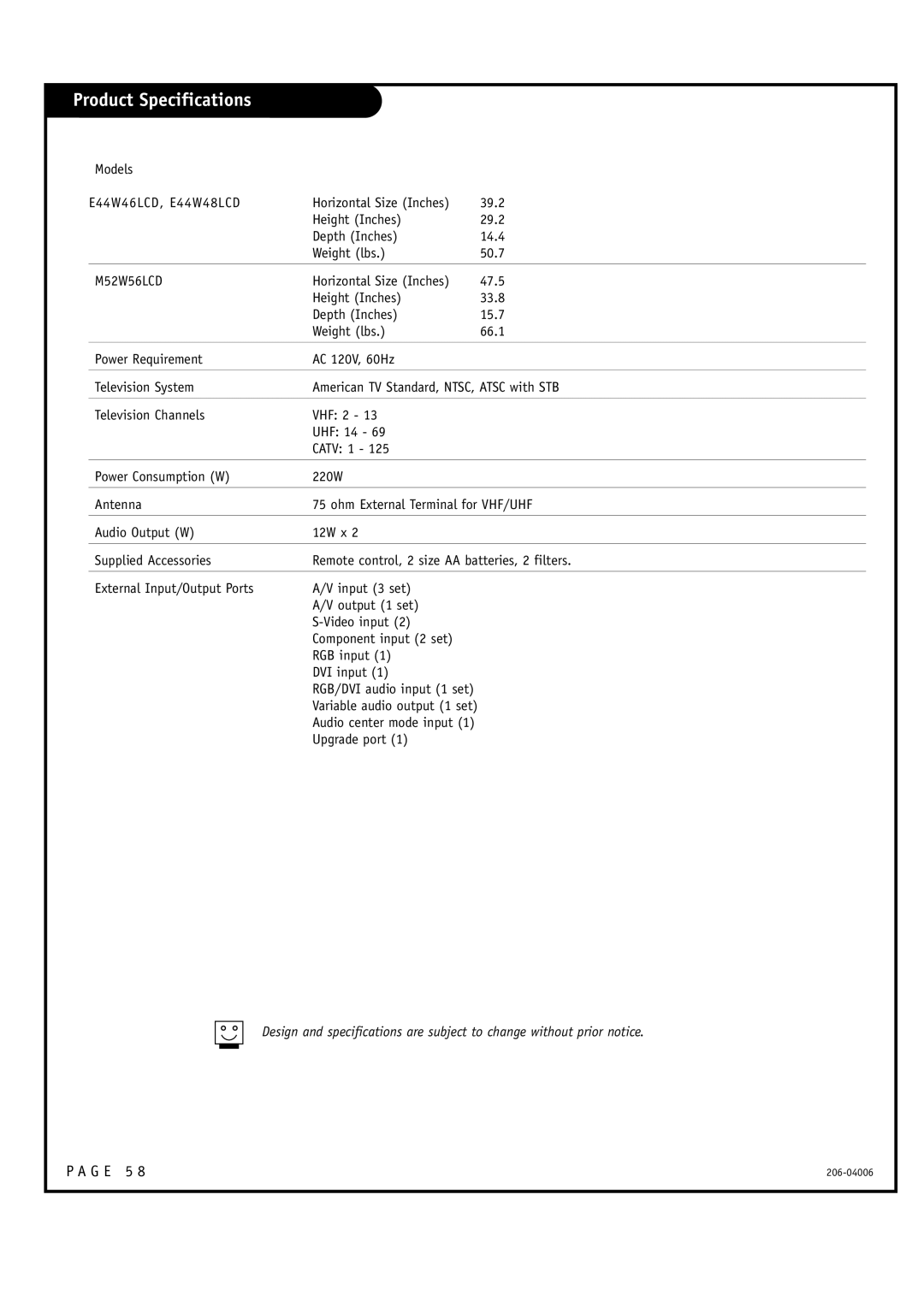 Zenith E44W46LCD, E44W48LCD warranty Product Specifications, M52W56LCD 