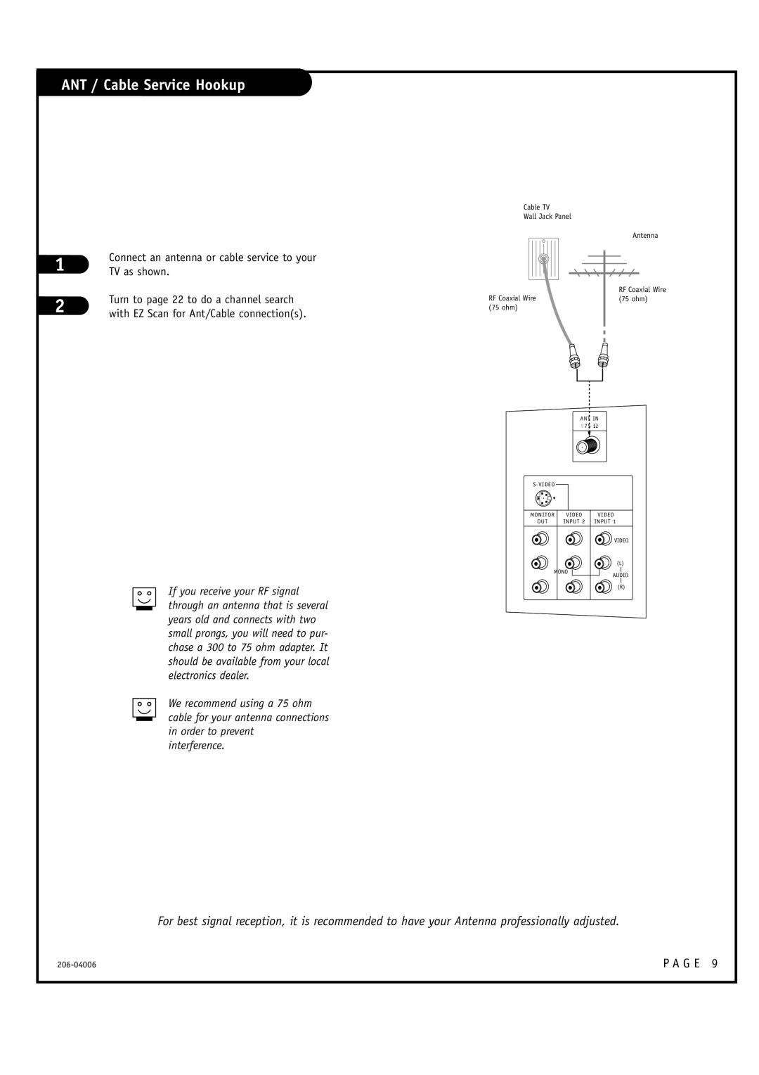 Zenith E44W48LCD, E44W46LCD, M52W56LCD ANT / Cable Service Hookup, TV as shown, Turn to page 22 to do a channel search 