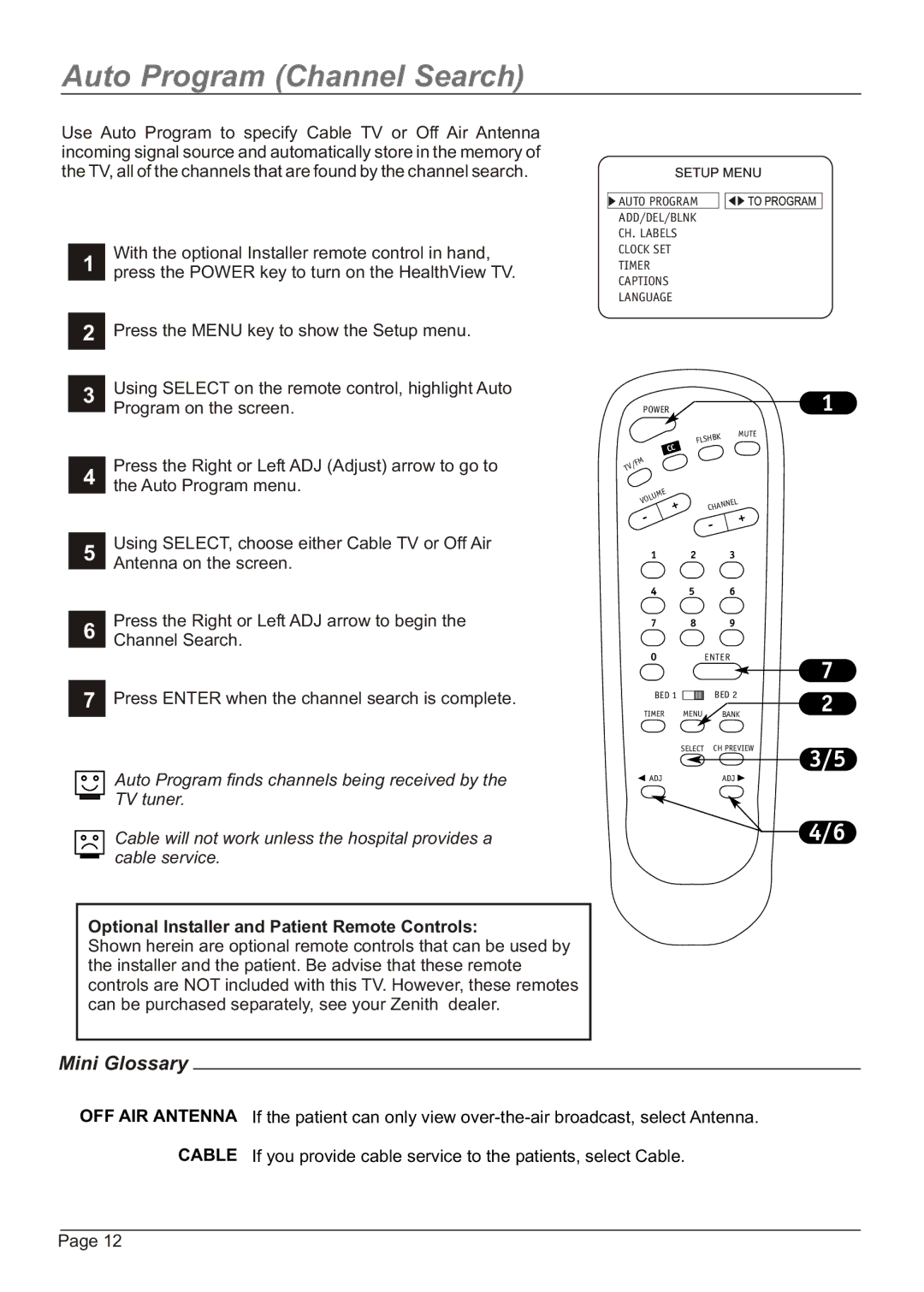 Zenith H20H52DT, HW20H52DT warranty Auto Program Channel Search, Optional Installer and Patient Remote Controls 