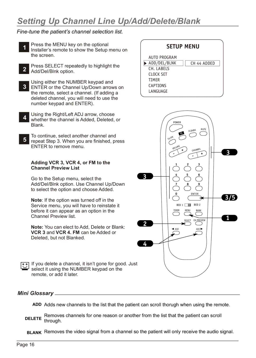 Zenith H20H52DT, HW20H52DT Setting Up Channel Line Up/Add/Delete/Blank, Fine-tune the patient’s channel selection list 