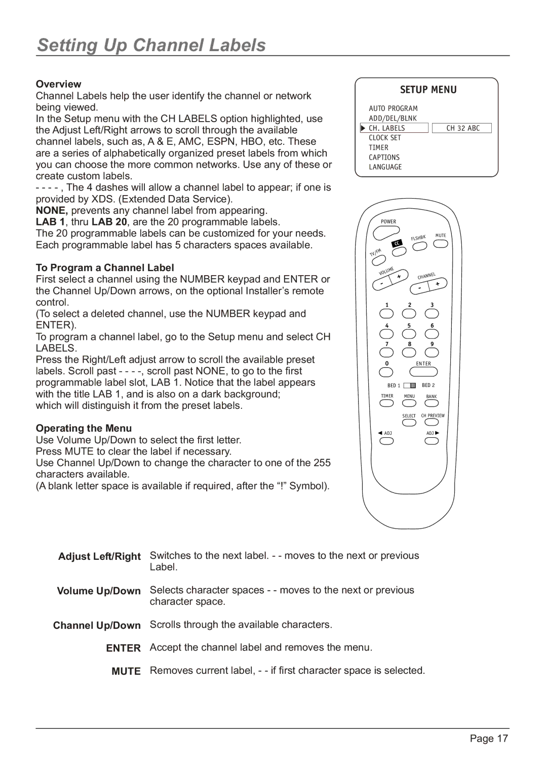 Zenith HW20H52DT, H20H52DT warranty Setting Up Channel Labels, Setup Menu 