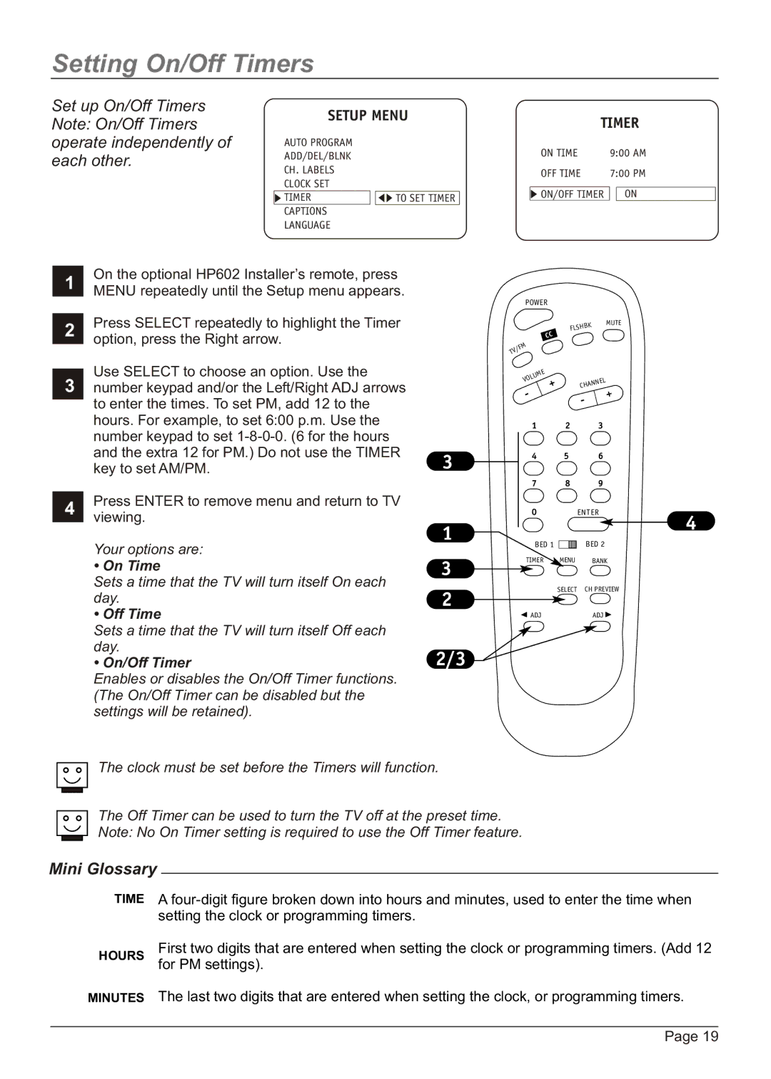 Zenith HW20H52DT, H20H52DT warranty Setting On/Off Timers 