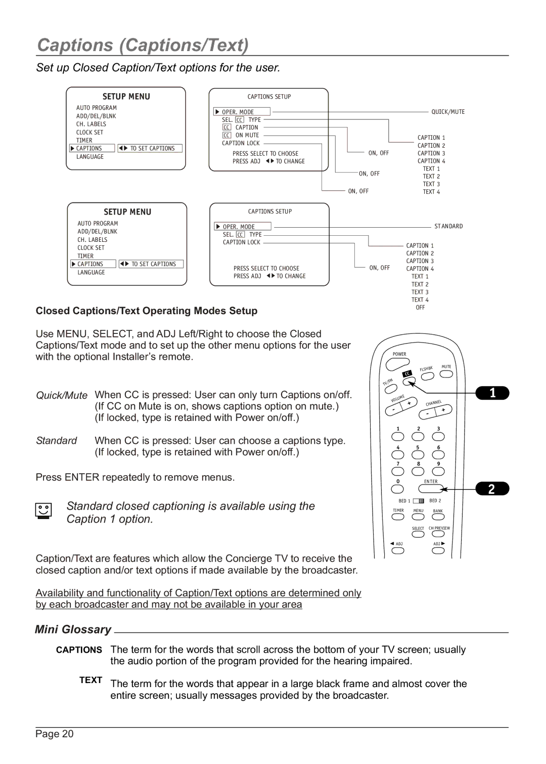 Zenith H20H52DT, HW20H52DT warranty Captions Captions/Text, Set up Closed Caption/Text options for the user 