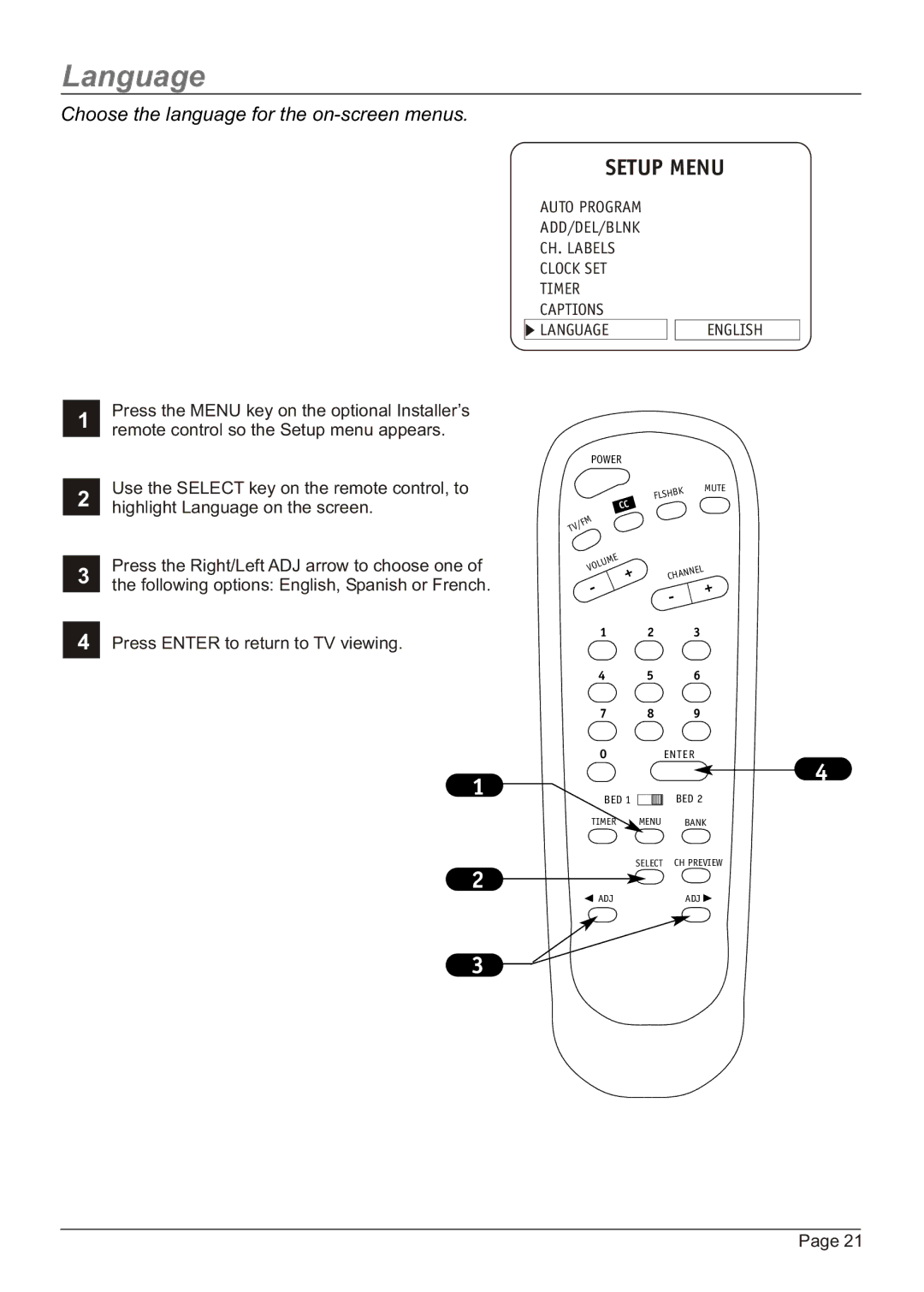 Zenith HW20H52DT, H20H52DT warranty Language, Choose the language for the on-screen menus 