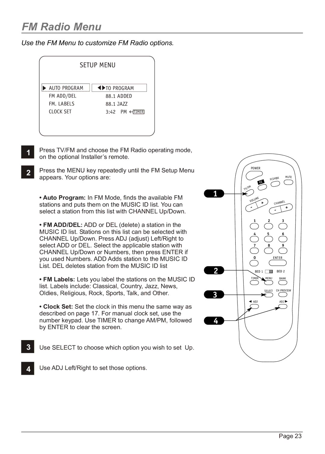 Zenith HW20H52DT, H20H52DT warranty FM Radio Menu, Use the FM Menu to customize FM Radio options 