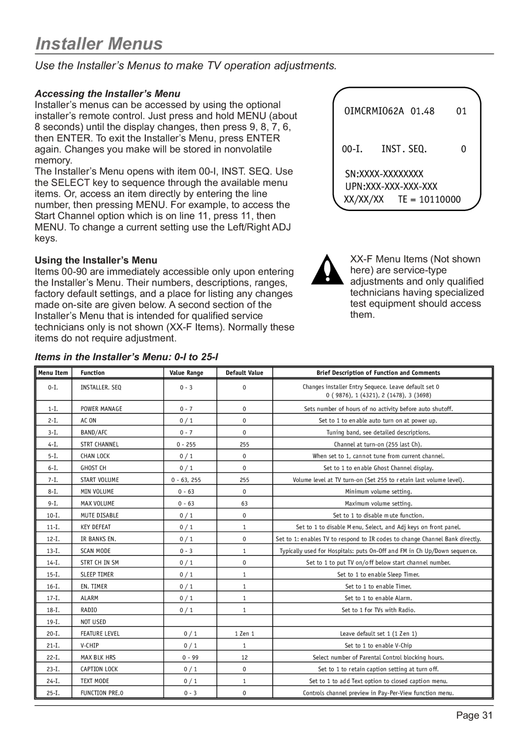 Zenith HW20H52DT, H20H52DT warranty Installer Menus, Using the Installer’s Menu 