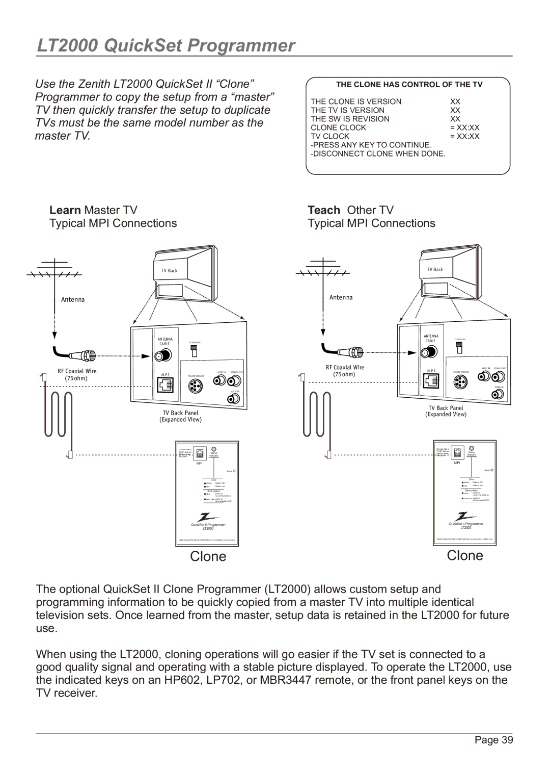 Zenith HW20H52DT, H20H52DT warranty LT2000 QuickSet Programmer, Learn Master TV Typical MPI Connections 