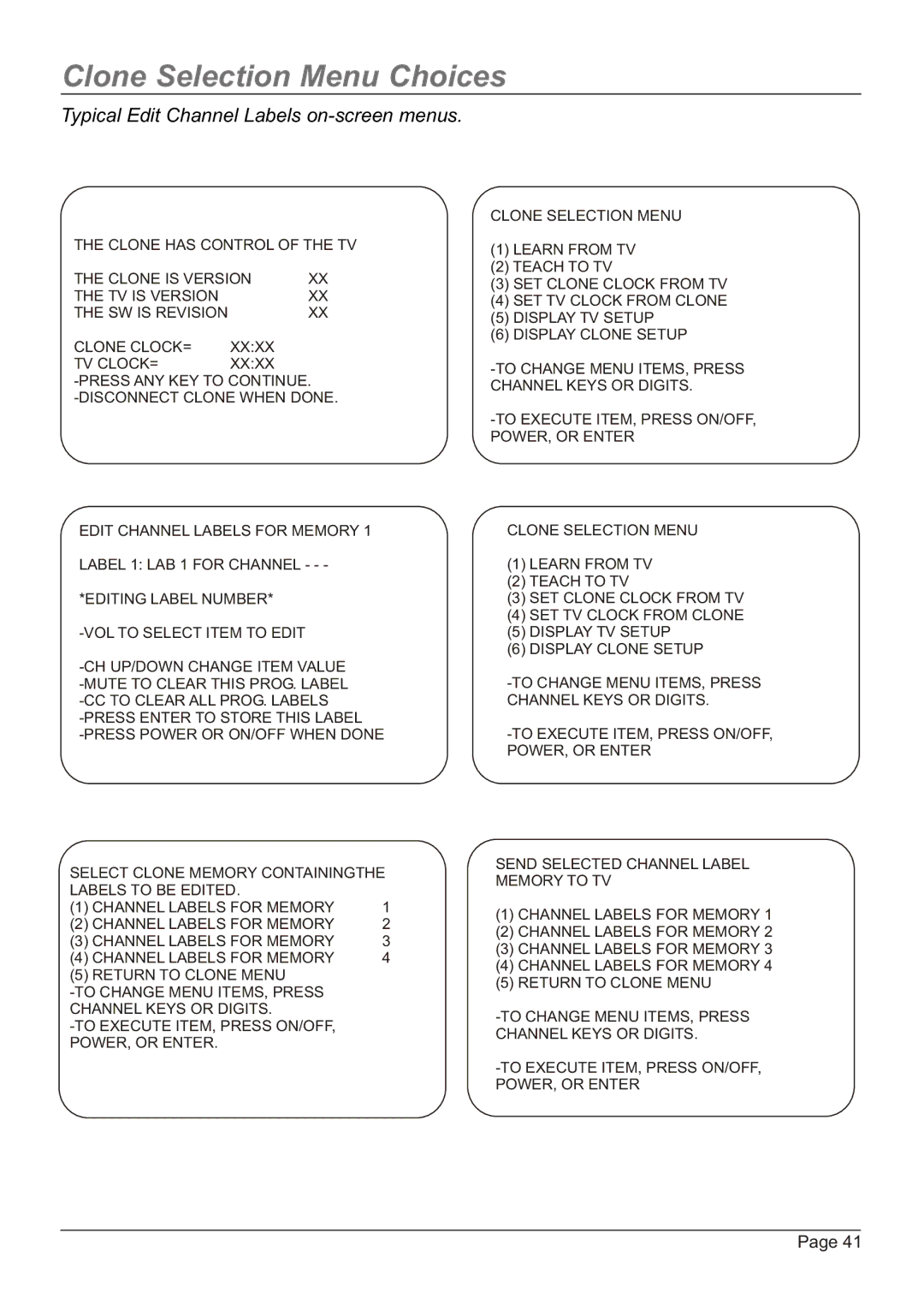 Zenith HW20H52DT, H20H52DT warranty Clone Selection Menu Choices, Typical Edit Channel Labels on-screen menus 