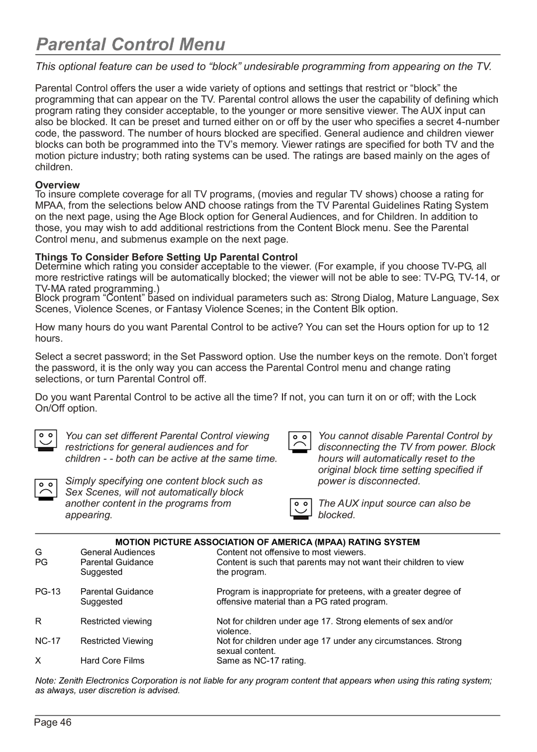 Zenith H20H52DT, HW20H52DT warranty Parental Control Menu, Motion Picture Association of America Mpaa Rating System 