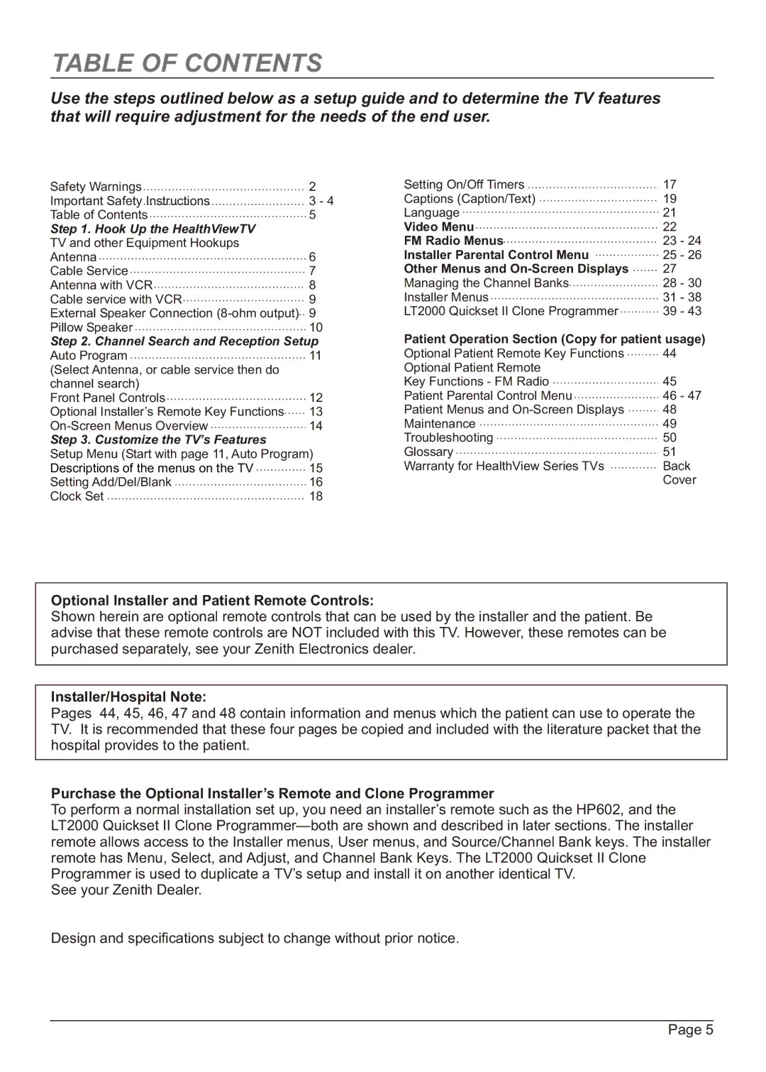 Zenith HW20H52DT, H20H52DT warranty Table of Contents 