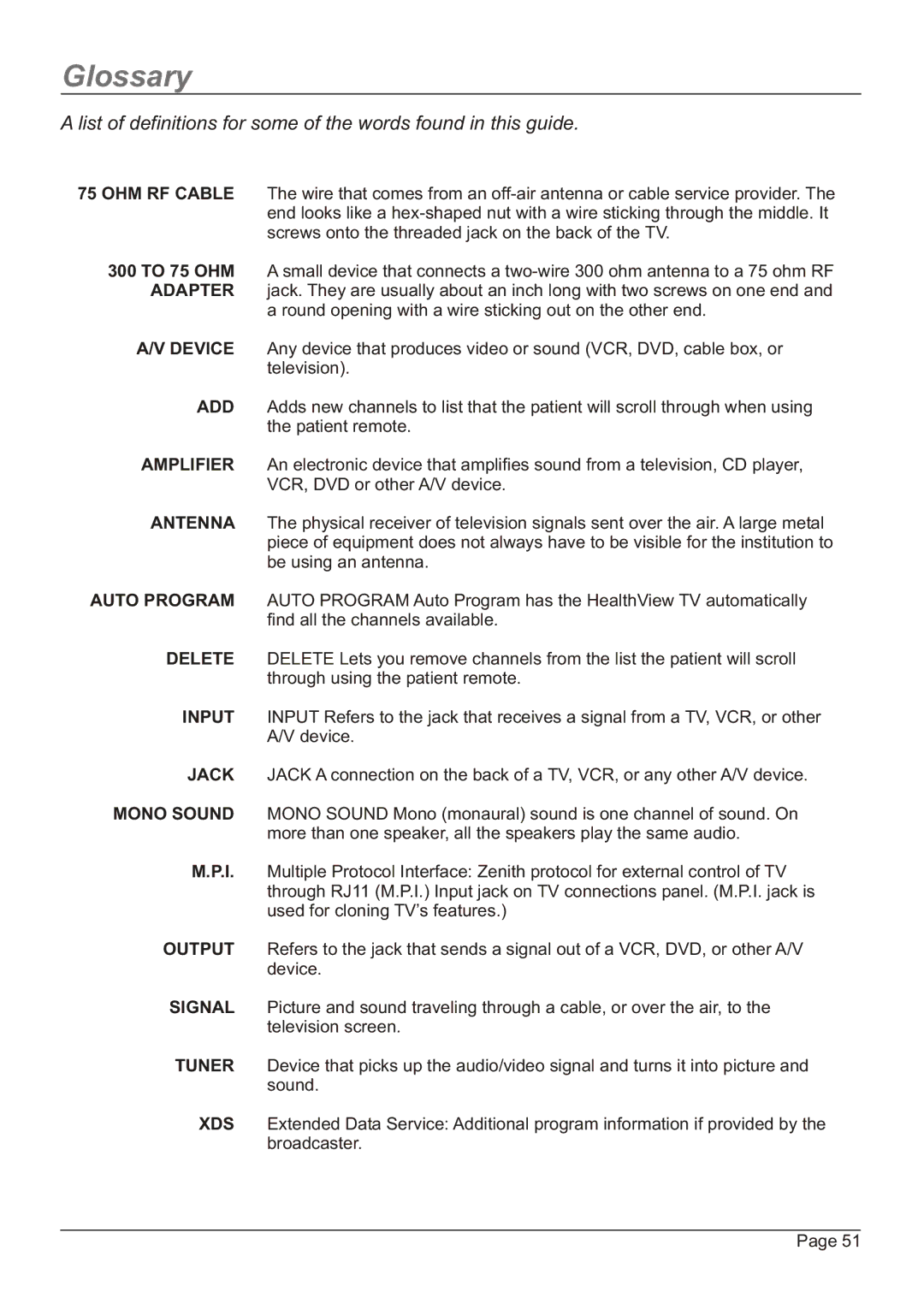 Zenith HW20H52DT, H20H52DT warranty Glossary 