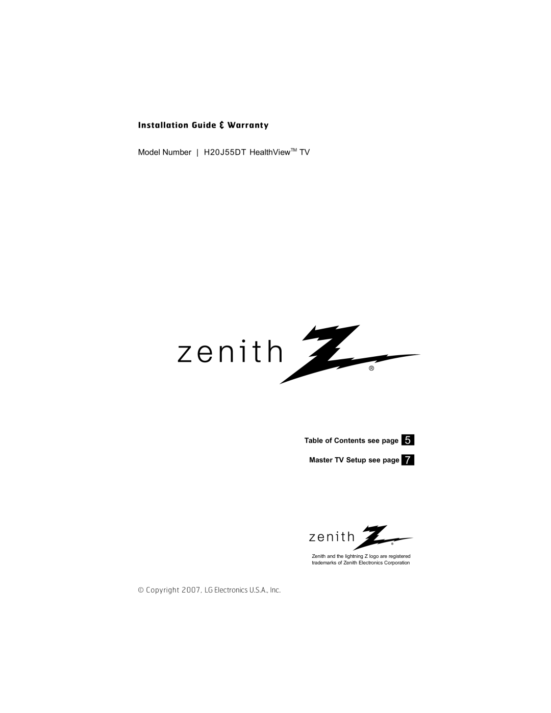 Zenith warranty Installation Guide & Warranty, Model Number H20J55DT HealthViewTM TV 