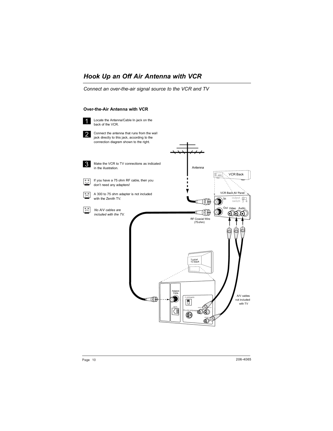 Zenith H20J55DT warranty Hook Up an Off Air Antenna with VCR, Connect an over-the-air signal source to the VCR and TV 