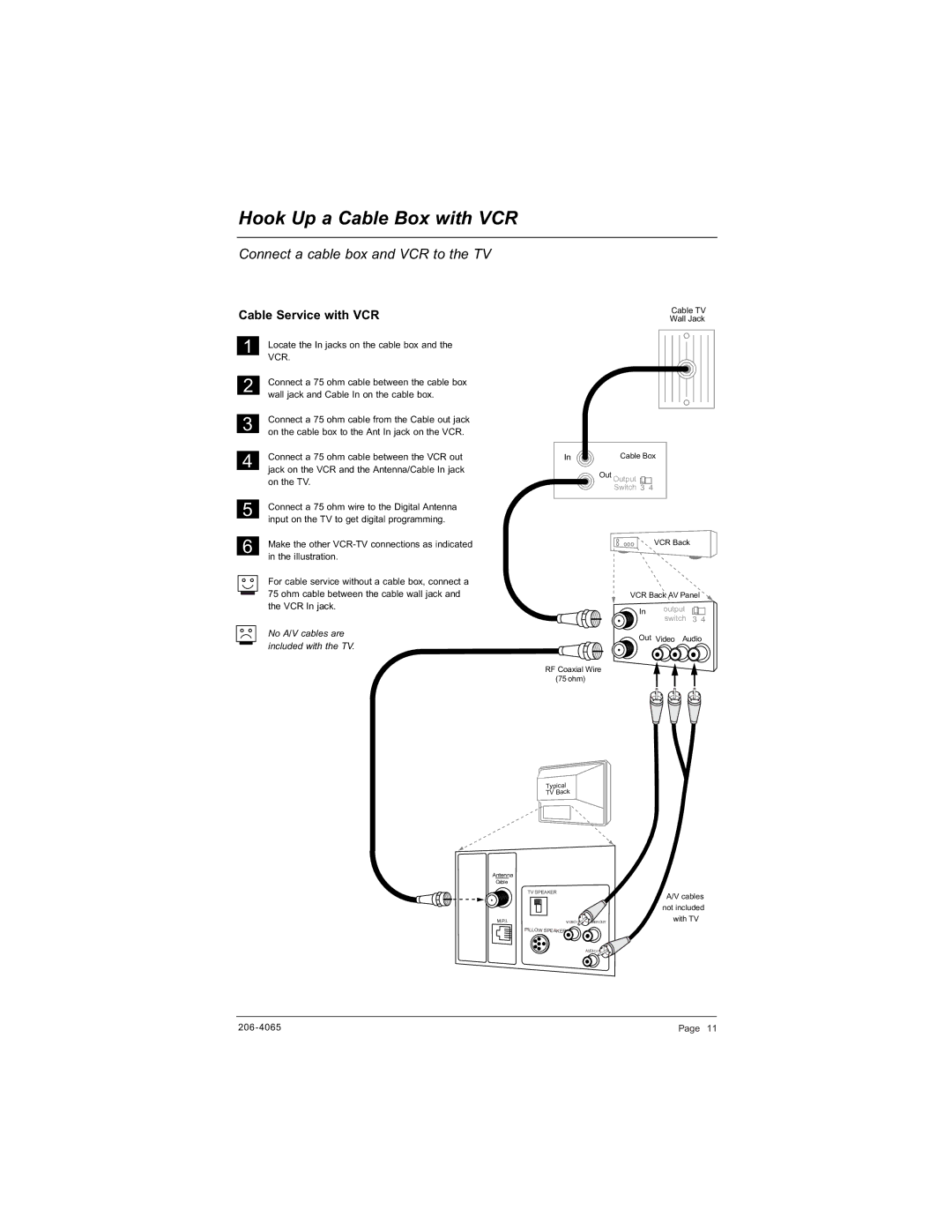 Zenith H20J55DT warranty Hook Up a Cable Box with VCR, Connect a cable box and VCR to the TV, Cable Service with VCR 