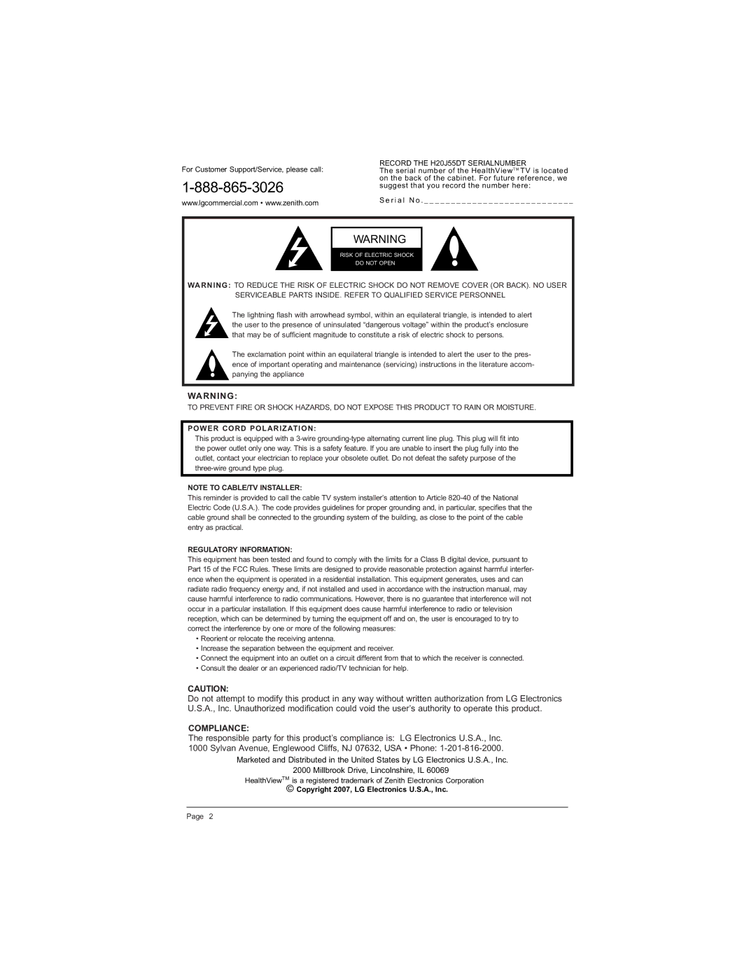 Zenith warranty Record the H20J55DT Serialnumber, Power Cord Polarization, Regulatory Information 