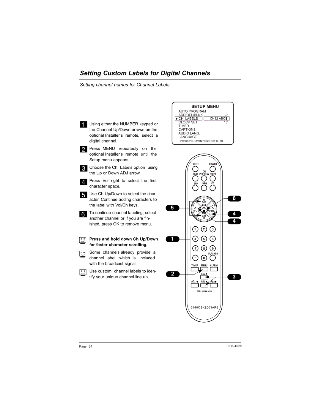 Zenith H20J55DT warranty Setting Custom Labels for Digital Channels, Setting channel names for Channel Labels, CH32 ABC 