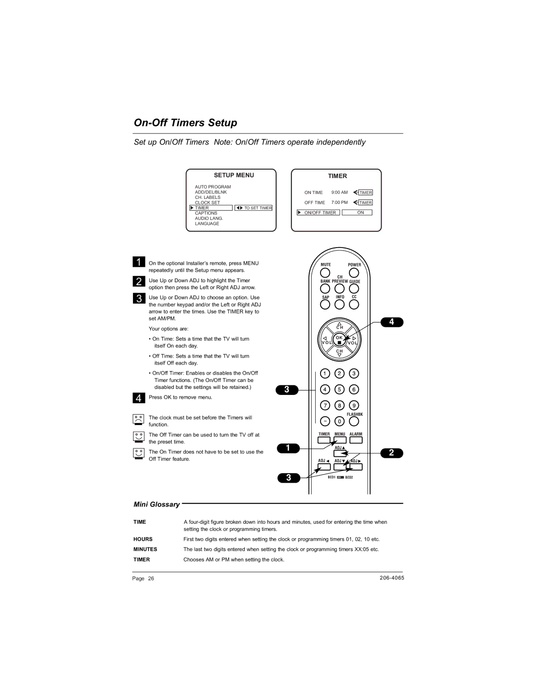 Zenith H20J55DT warranty On-Off Timers Setup, Setup Menu 