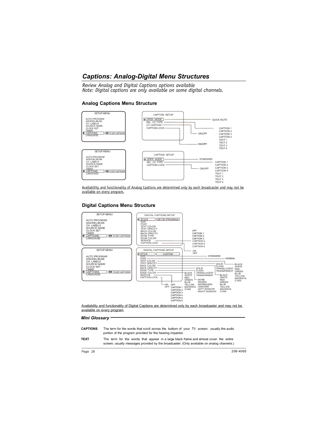 Zenith H20J55DT Captions Analog-Digital Menu Structures, Analog Captions Menu Structure, Digital Captions Menu Structure 